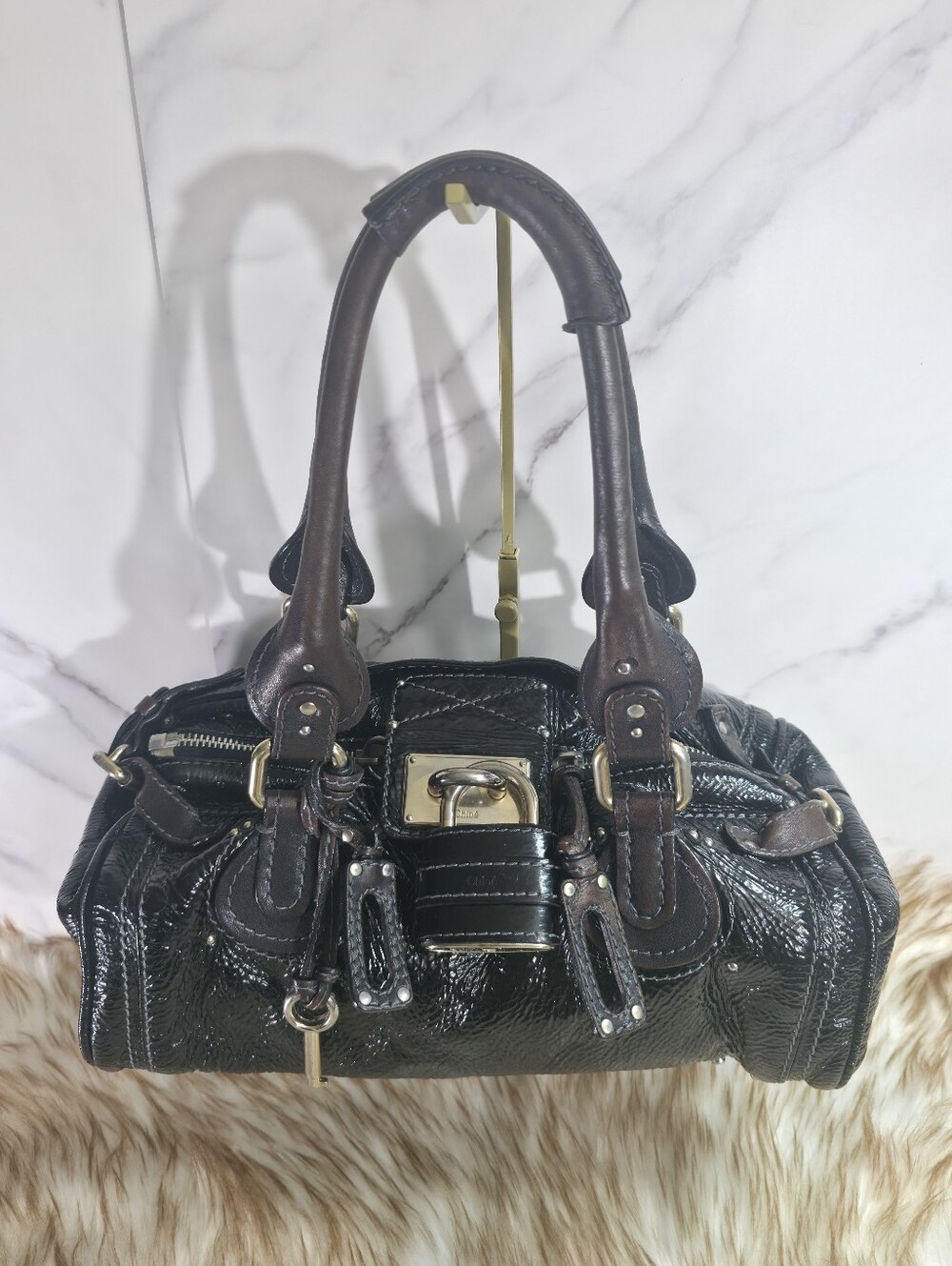 Chloe Black Patent Leather Satchel with Gold Hardware